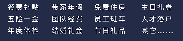 esball员工福利：餐费补助、五险一金、年度体检、带薪年假、团队经费、成婚礼金、免费住房、员工班车、节日礼物、生日礼券、人才落户、其它……